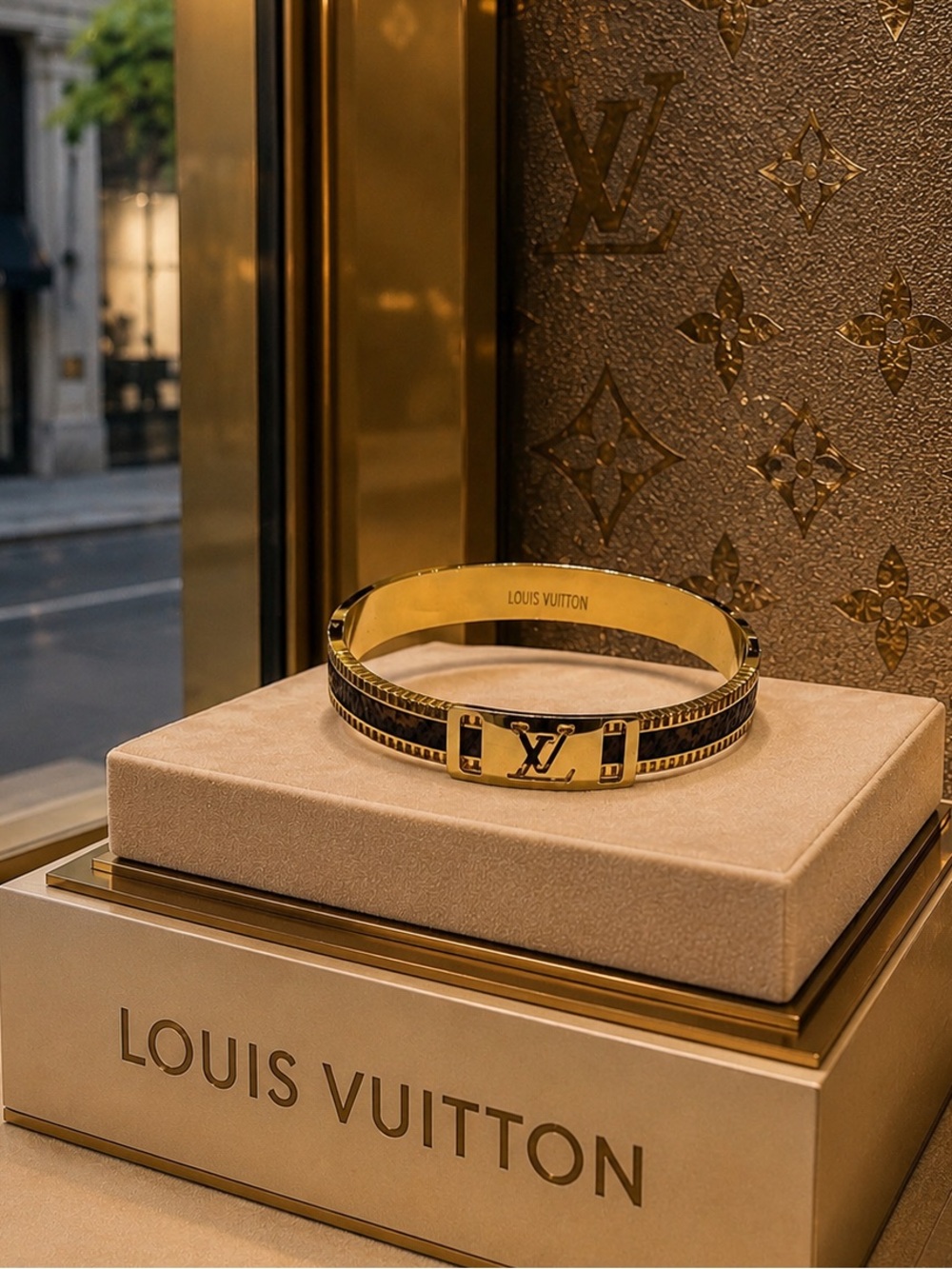 Luxury Chic Stainless Steel Gold & Brown Tone LV Logo Bangle Bracelet 7.5”